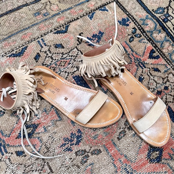 K. Jacques Saint Tropez Salambo Suede Fringe Cuff Flat Sandals 38 Nude Ankle Tie - Picture 2 of 12